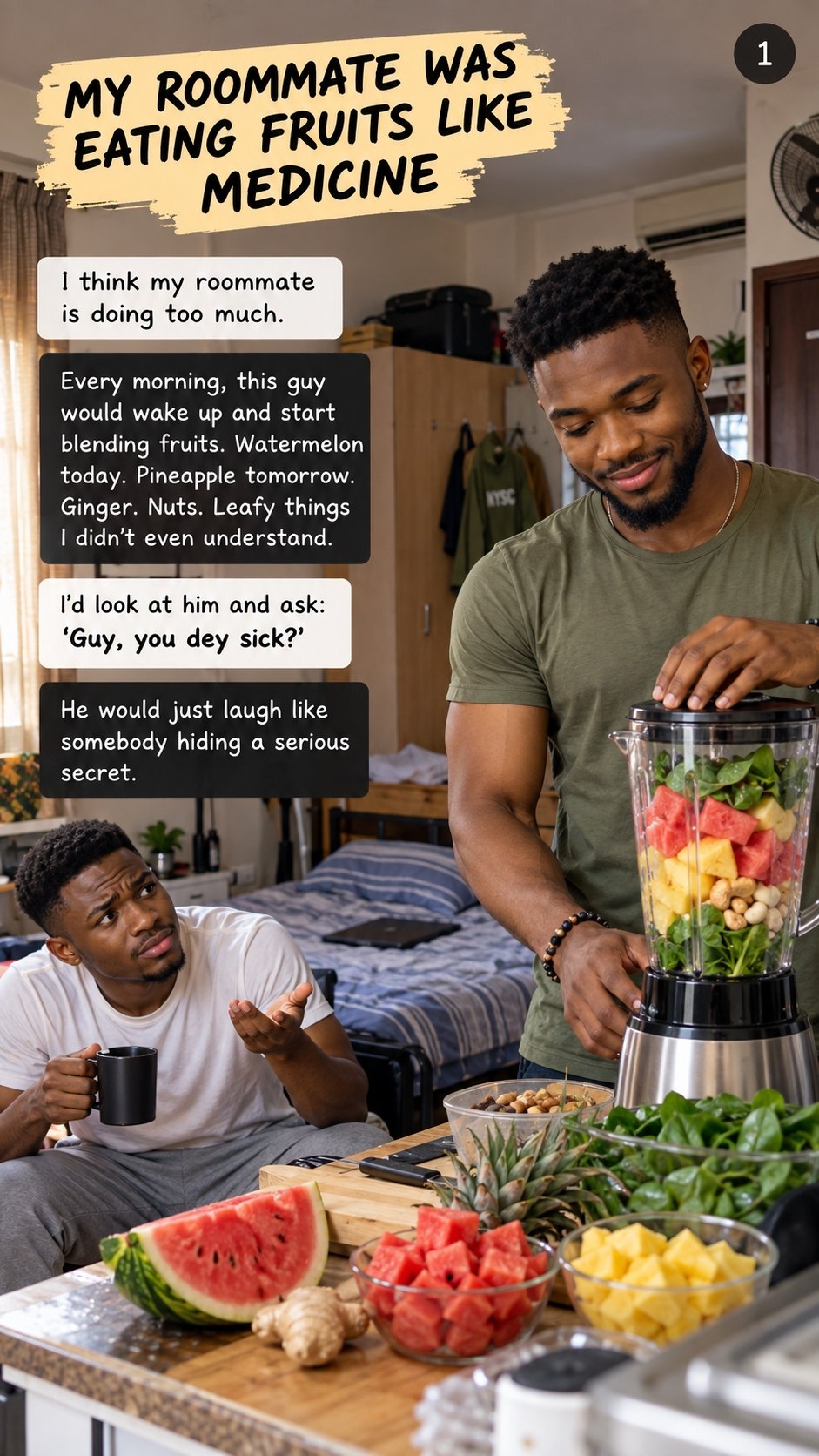 The roommate preparing fruits while the narrator looks on